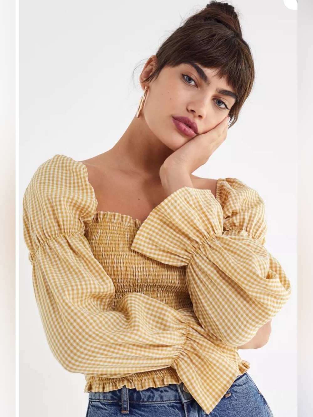 Urban Outfitters Yellow Gingham Cinched-Sleeve Blouse